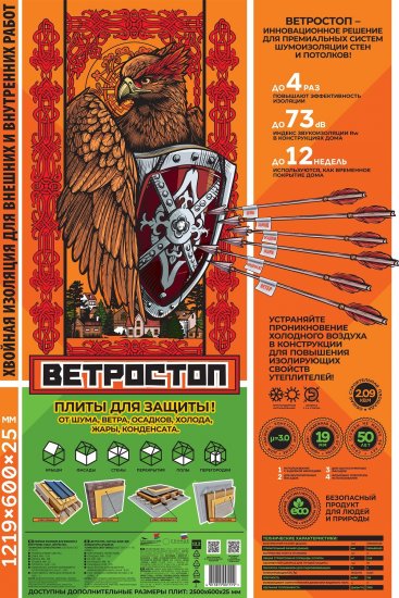 Тепло-Шумоизоляция для внешних и внутренних работ Ветростоп 1219x600x25 мм 2.1 м²