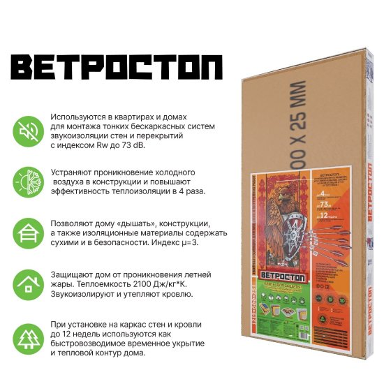 Тепло-Шумоизоляция для внешних и внутренних работ Ветростоп 1219x600x25 мм 2.1 м²
