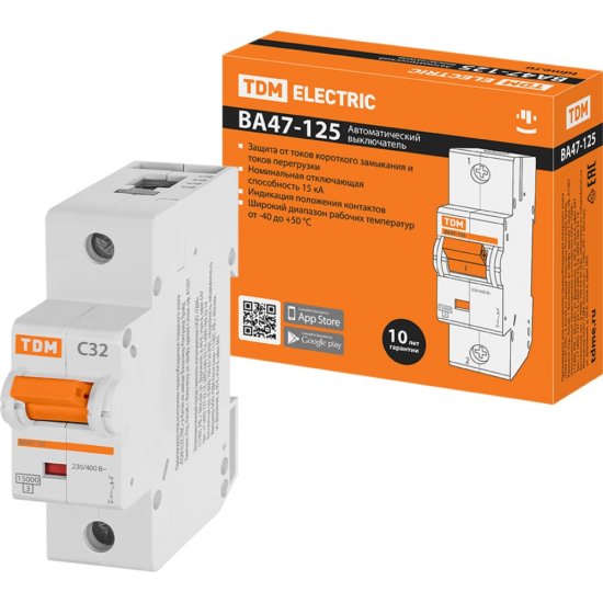 Автомат TDM ELECTRIC ВА47-125 1Р, 32 А, 15 кА, С