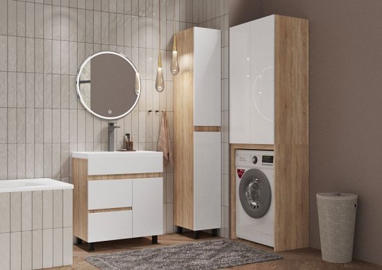 Шкаф для стиральной машины Cube 200x64 см цвет белый глянец/дуб вотан