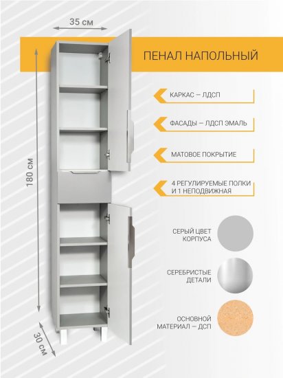 Пенал для ванной Милан напольный 180x35 см цвет серый