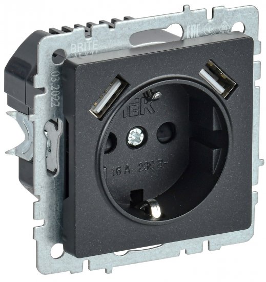 Розетка USB встраиваемая IEK Brite РЮш10-2-БрЧ с заземлением цвет черный