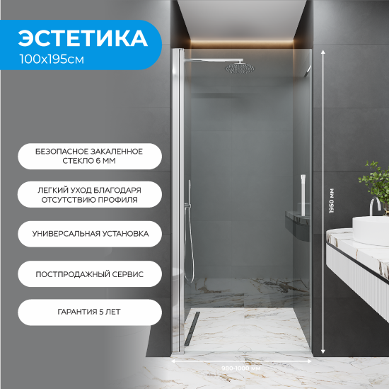Душевая дверь Эстетика Март 100x195см распашная профиль серебро стекло прозрачное 6мм
