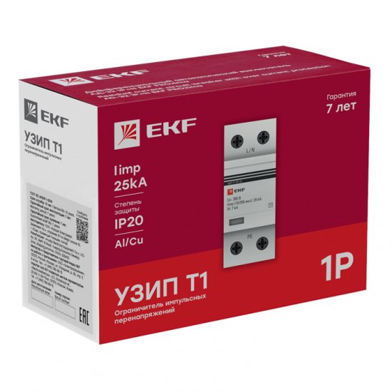 Ограничитель напряжения модульный EKF T1 230 В 25 кА 1P (spd-t1-25-1p)