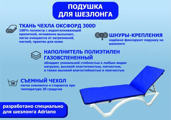 Подушка для шезлонга Adriano 190x50x3 см полиэстер синий