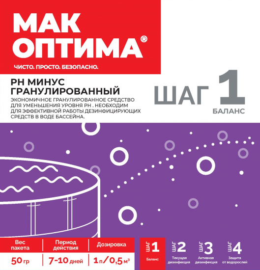 Регулятор уровня pH минус гранулированный Мак Оптима 1.5 кг