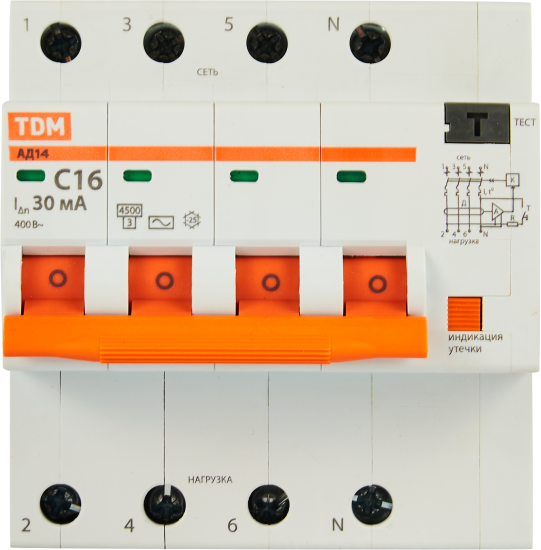 Дифференциальный автомат Tdm Electric АД-14 4P C16 A 30 мА 4.5 кА AC SQ0204-0130