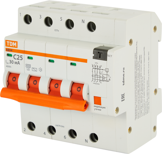 Дифференциальный автомат Tdm Electric АД-14 4P C25 A 30 мА 4.5 кА AC SQ0204-0133