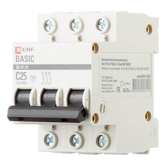 Автоматический выключатель модульный EKF Basic ВА 47-29 3P 25А тип C 4,5 кА 400 В (mcb4729-3-25C)