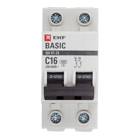 Автоматический выключатель модульный EKF Basic ВА 47-29 2P 16А тип C 4,5 кА 230 В (mcb4729-2-16C)