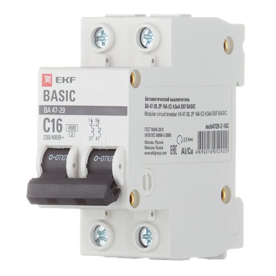 Автоматический выключатель модульный EKF Basic ВА 47-29 2P 16А тип C 4,5 кА 230 В (mcb4729-2-16C)