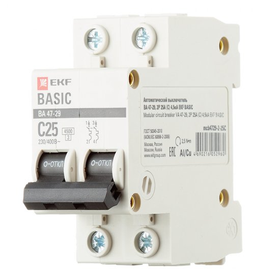 Автоматический выключатель модульный EKF Basic ВА 47-29 2P 25А тип C 4,5 кА 230 В (mcb4729-2-25C)