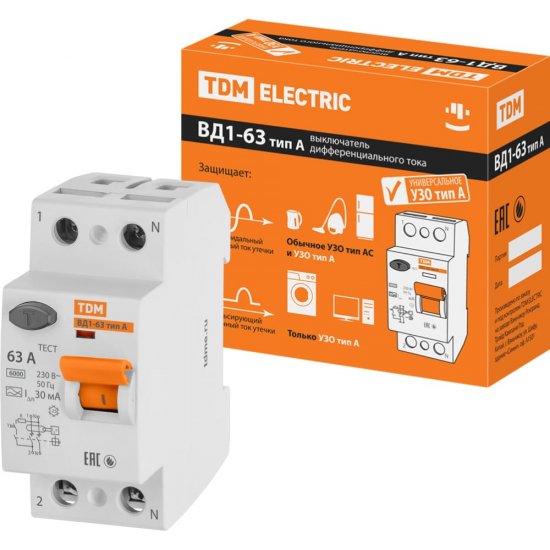 Узо TDM ELECTRIC ВД1-63 2Р 63А 30мА тип А
