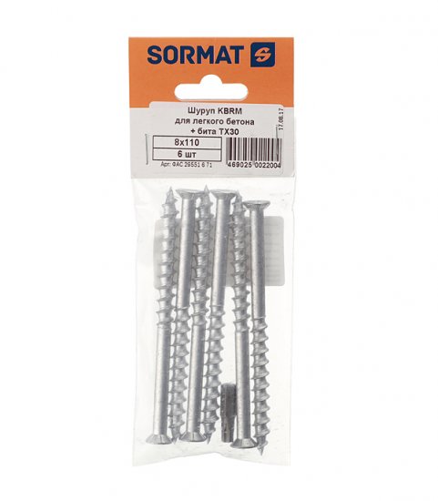 Анкер-шуруп Sormat KBRM для газобетона потайная головка 8x110 мм с битой (6 шт.)