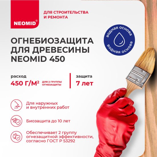 Антисептик Neomid 450 огнебиозащитный II группа бесцветный 5 кг