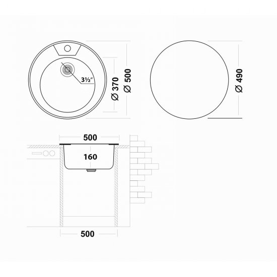 Мойка для кухни Ukinox Nord d50х16 см врезная сталь (Nr D500 (0,6) G)