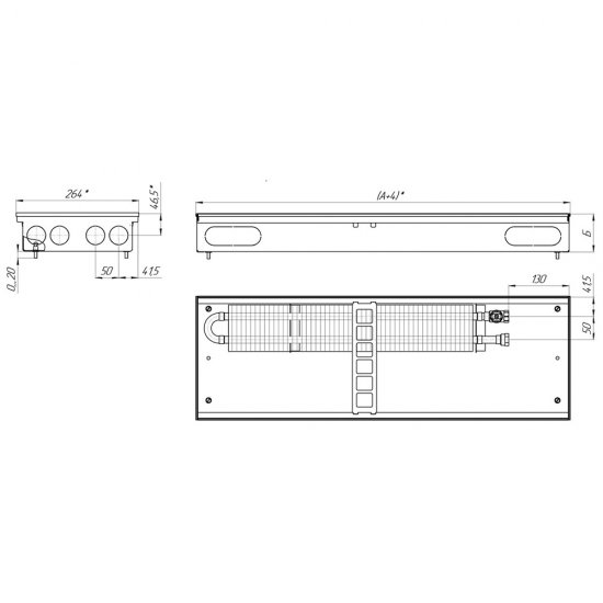 Конвектор внутрипольный КЗТО Бриз с 1 теплообменником 1000х260х100 мм боковое подключение