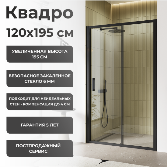 Душевая дверь Квадро Март 120x195см раздвижная профиль черный стекло прозрачное 6мм
