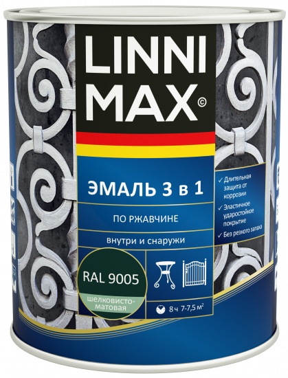 Грунт-эмаль по ржавчине 3 в 1 Linnimax цвет черный полуматовый 0.75 л