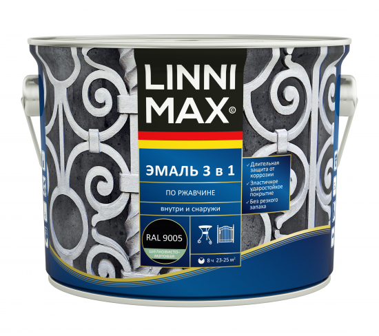 Грунт-эмаль по ржавчине 3 в 1 Linnimax цвет черный полуматовый 2.5 л
