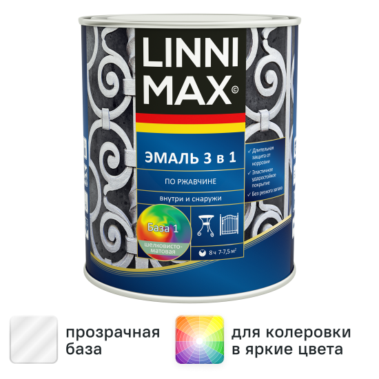 Грунт-эмаль по ржавчине 3 в 1 Linnimax цвет белый полуматовый база Б1 0.75 л