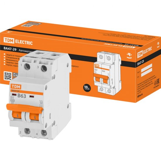 Автомат TDM ELECTRIC ВА47-29 2Р, 63 А, 4,5 кА, В