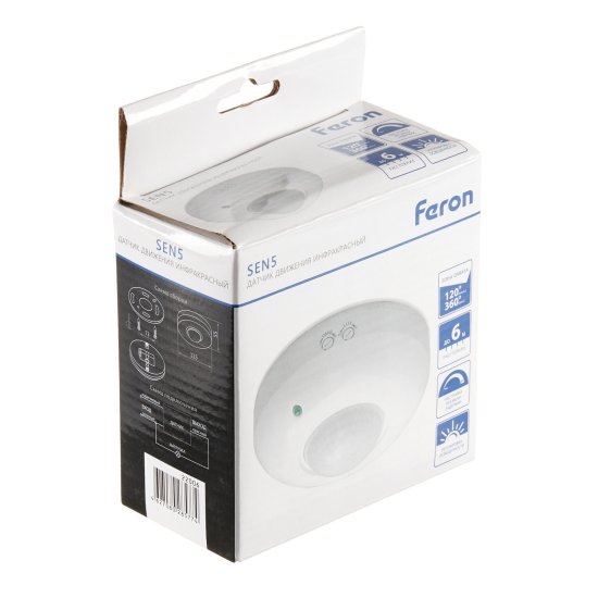 Датчик движения потолочный Feron SEN5/LX20B IP20 220 В 120/360 градусов до 6 м инфракрасный белый (22006)