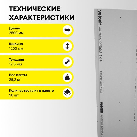 Гипсокартон Vetonit (Gyproc) Оптима 2500х1200х12,5 мм