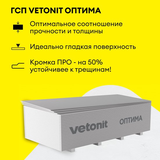 Гипсокартон Vetonit (Gyproc) Оптима 2500х1200х12,5 мм