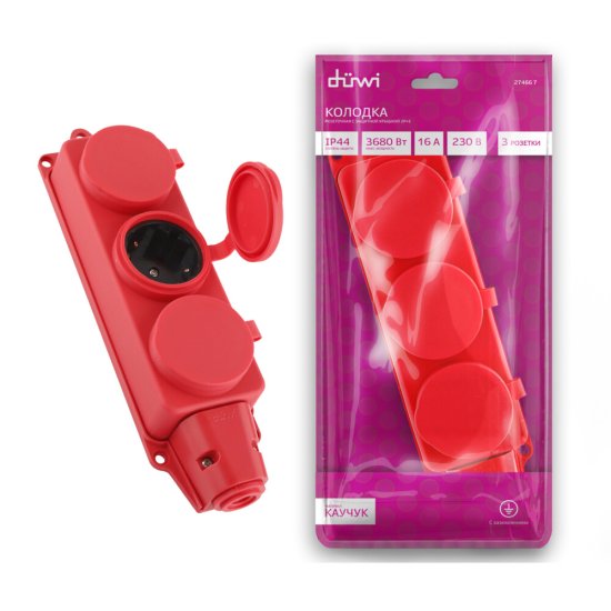 Розетка штепсельная Düwi тройная с заземлением IP44 настенная красная