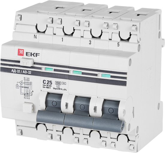 Дифференциальный автомат EKF АД-32 3P N C25 А 30 мА 4.5 кА АС