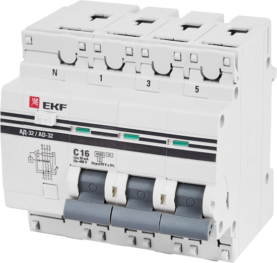 Дифференциальный автомат EKF АД-32 3P N C16 А 30 мА 4.5 кА АС