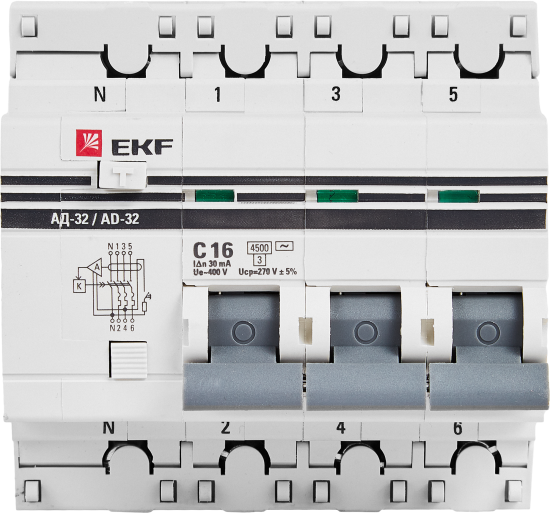 Дифференциальный автомат EKF АД-32 3P N C16 А 30 мА 4.5 кА АС