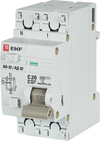 Дифференциальный автомат EKF АД-32 1P N C20 А 30 мА 4.5 кА АС