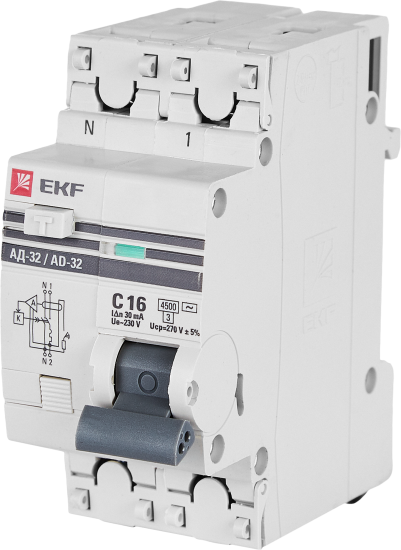 Дифференциальный автомат EKF АД-32 1P N C16 А 30 мА 4.5 кА АС