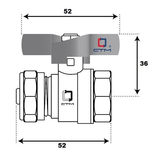 Кран шаровой латунный CTM Стандарт 20 обж(ц) х 1/2 ВР(г) для металлопластиковых труб бабочка прямой (CWPF1220)
