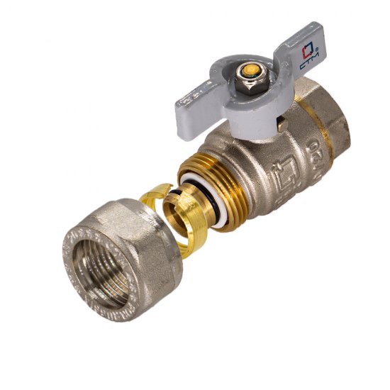 Кран шаровой латунный CTM Стандарт 20 обж(ц) х 1/2 ВР(г) для металлопластиковых труб бабочка прямой (CWPF1220)