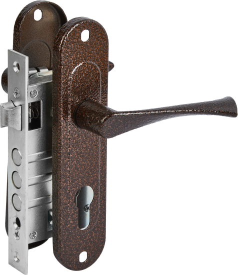 Замок врезной с дверными ручками на планке Зенит ЗВ4-60/07 медь