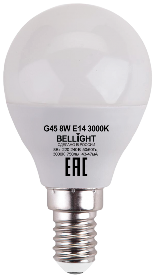 Лампа светодиодная Bellight E14 175-250 В 8 Вт шар 750 лм теплый белый цвет света