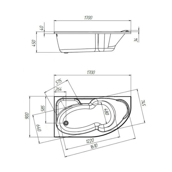 Ванна акриловая 1Marka Acrylika 170х90 см левая без ножек (01лик1790л)