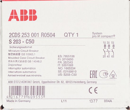 Автоматический выключатель модульный ABB S203 3P 50А тип C 6 кА 400 В (2CDS253001R0504)