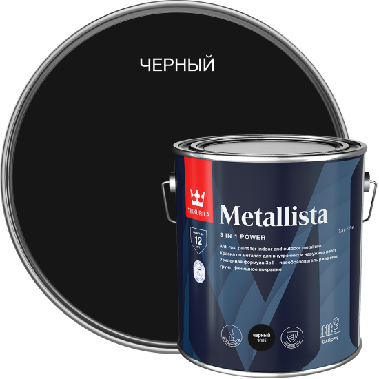Грунт-эмаль по ржавчине 3 в 1 Tikkivala Metallista гладкая цвет черный 2.3 л