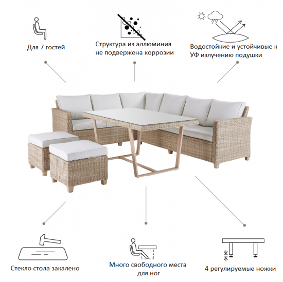 Набор садовой мебели Naterial Medena металл/стекло цвет белый: диван, стол и 2 стула