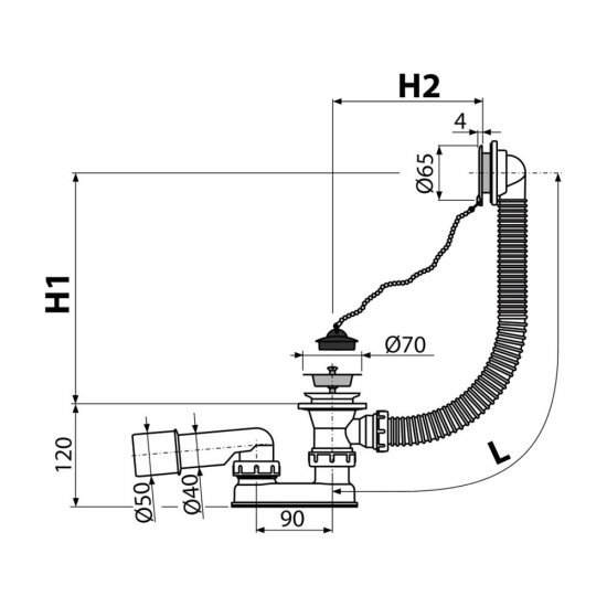 Сифон для ванны Alcadrain слив d52 с выпуском d70 мм с переливом (A501/AG210112160)