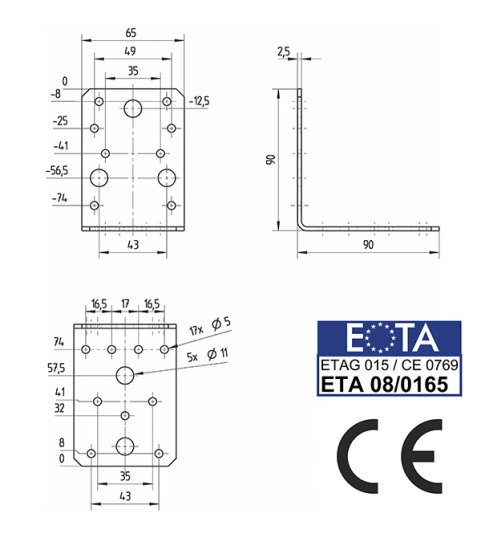 Уголок крепежный оцинкованный 90х90х65х2.5 мм GAH ALBERTS