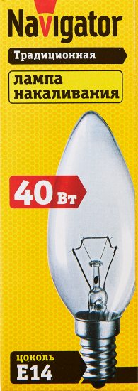 Лампа накаливания Navigator E14 230 В 40 Вт свеча прозрачная 400 лм теплый белый цвет света