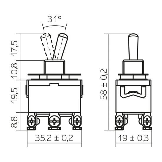 Тумблер Düwi KN-203 на 3 положения 250 В 1NO+1NC IP20 (26865 9)