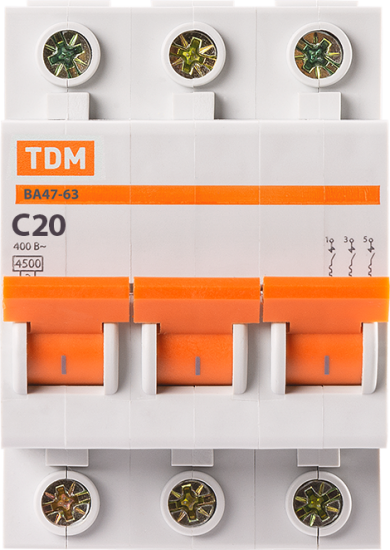 Автоматический выключатель TDM Electric ВА47-63 3P C20 А 4.5 кА SQ0218-0020