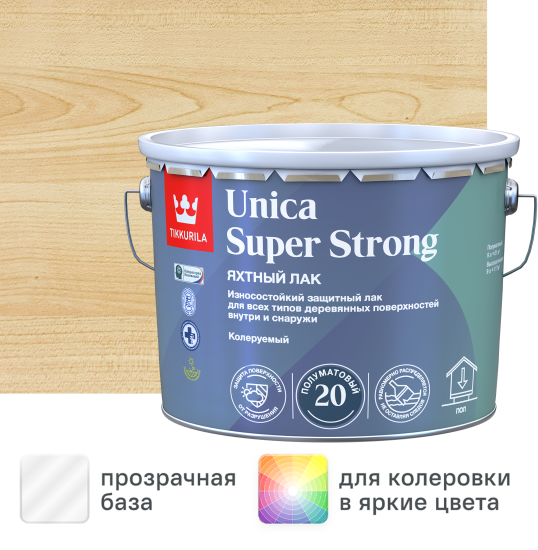Лак яхтный Tikkurila Unica Super Strong База ЕР бесцветный полуматовый 9 л