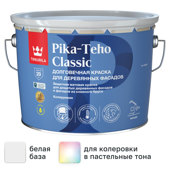 Краска фасадная Tikkurila Pika-Teho Classic моющаяся матовая цвет белый база A 9 л